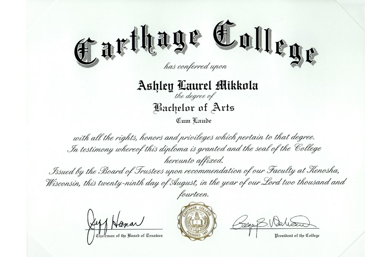 BA diploma from Carthage College