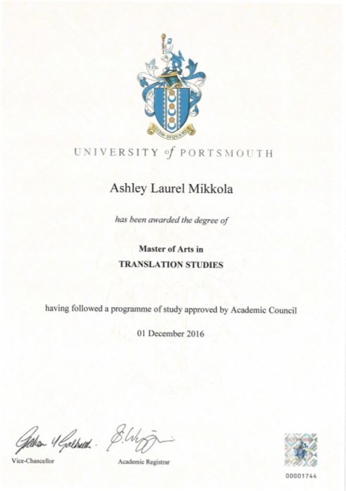 MA diploma from Portsmouth Uni
