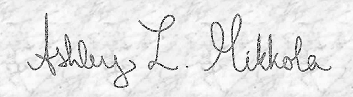 Ashley's grey signature on a marble background